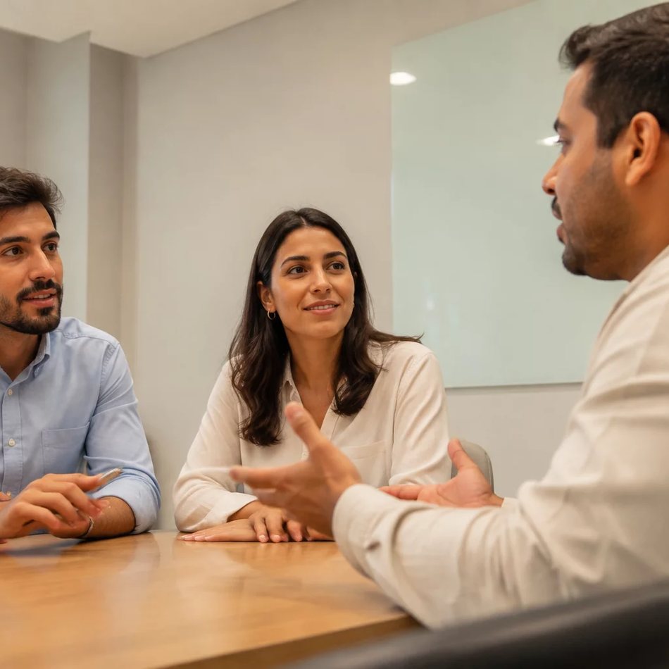 Duas participantes conversando de pé entre as estantes de uma biblioteca